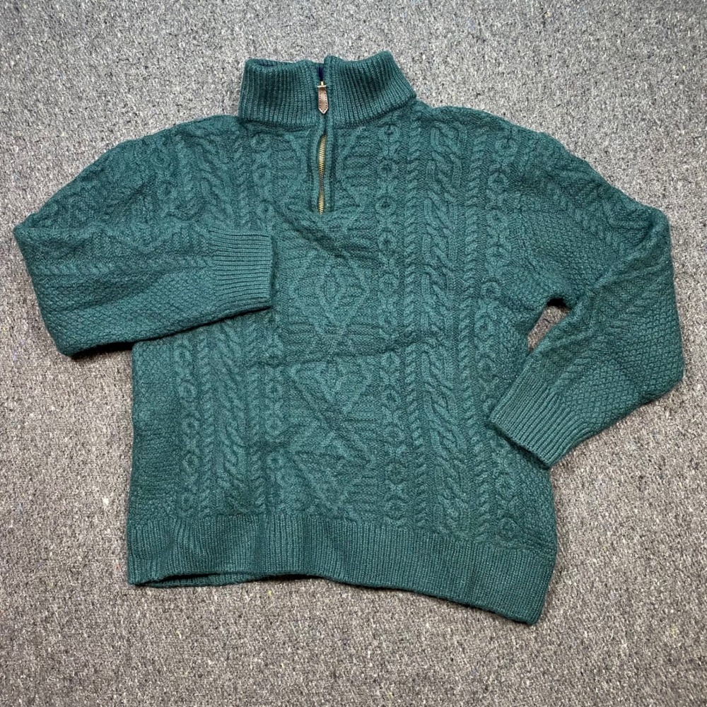 Original Aran Co Quarter Zip Sweater Sz L Men Green Merino Wool Cable Knit Irish